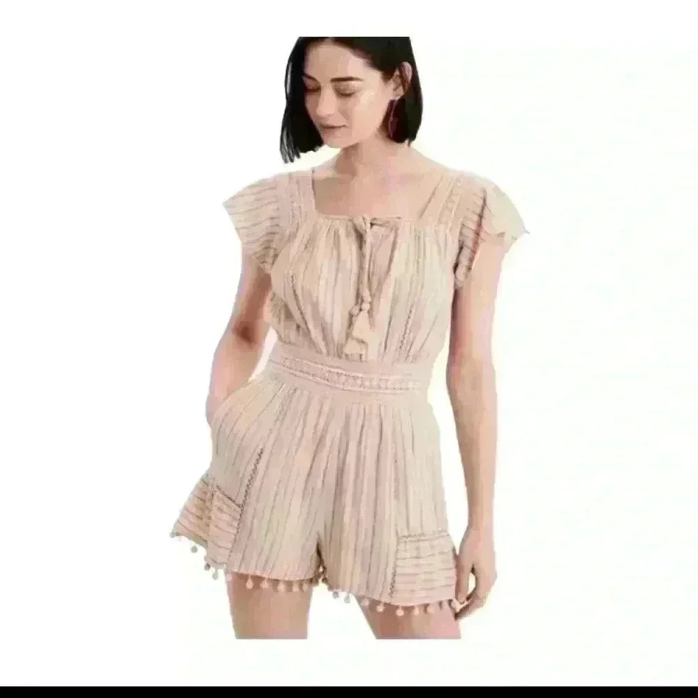 American Eagle Outfitters Cream Textured Short-Sleeve Romper